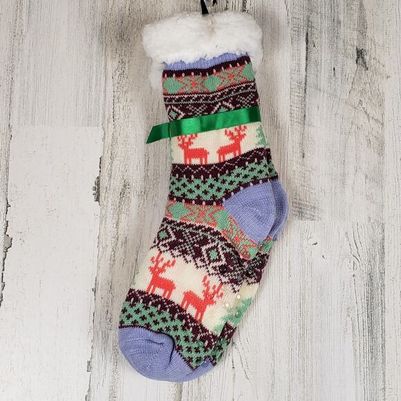NWT Mari Clare Sherpa Lined Knit Winter Reindeer Design No-Slip Slipper Socks - Picture 6 of 6